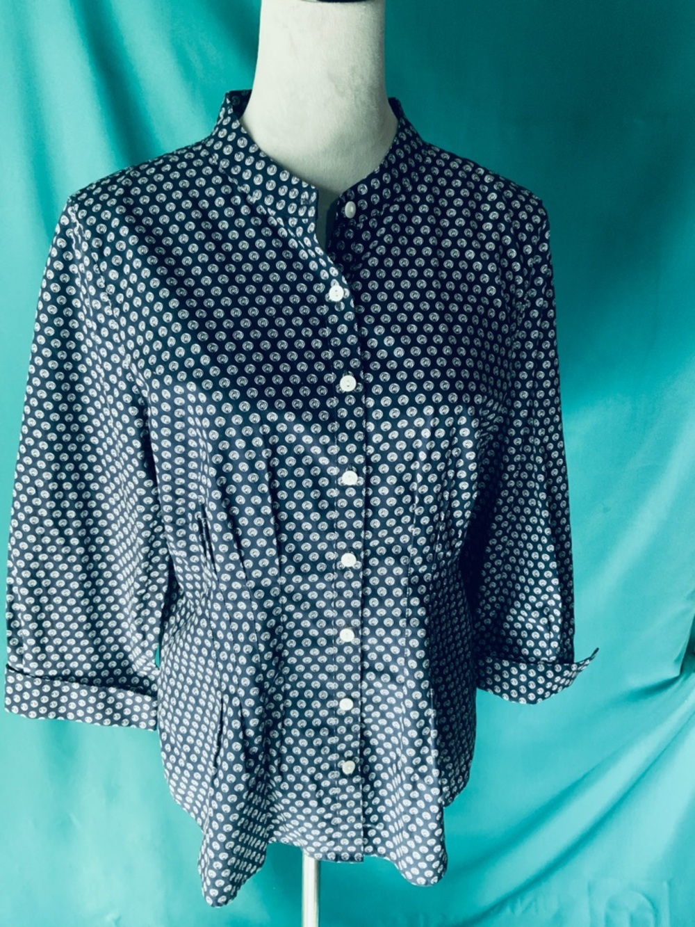 Foxcroft Navy Blue Printed Button-Down Blouse